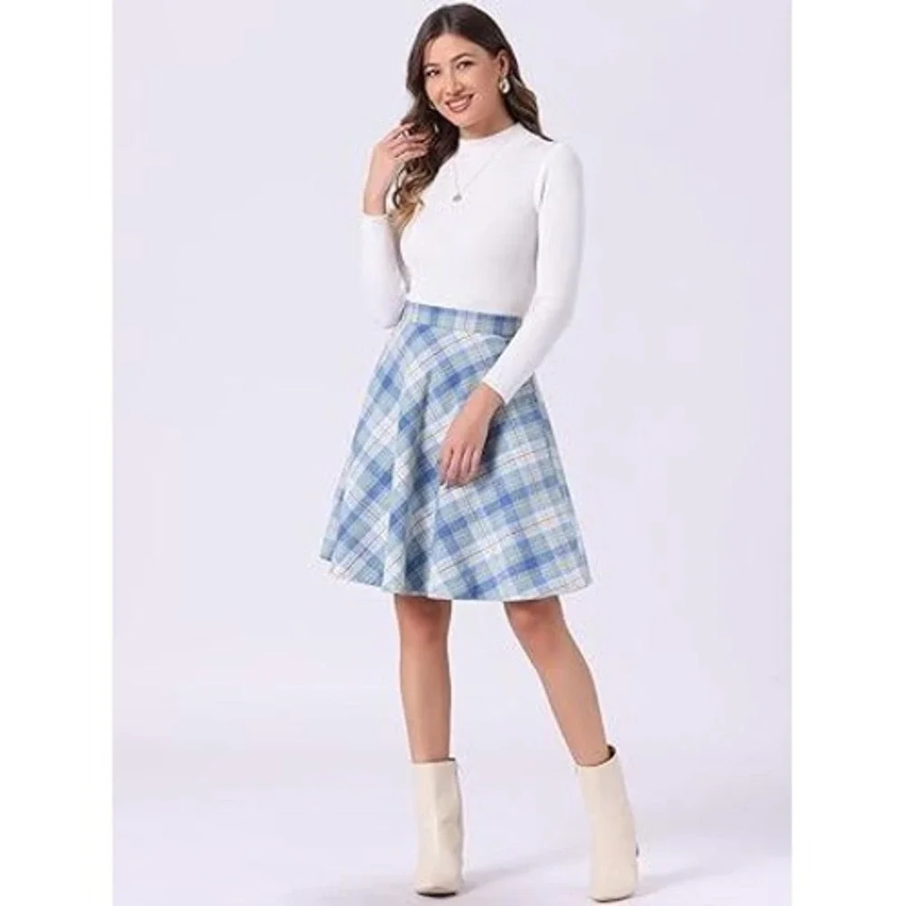 Plaid A Line Skirt Women's Blue Yellow White Knee Length Circle‎ Flared